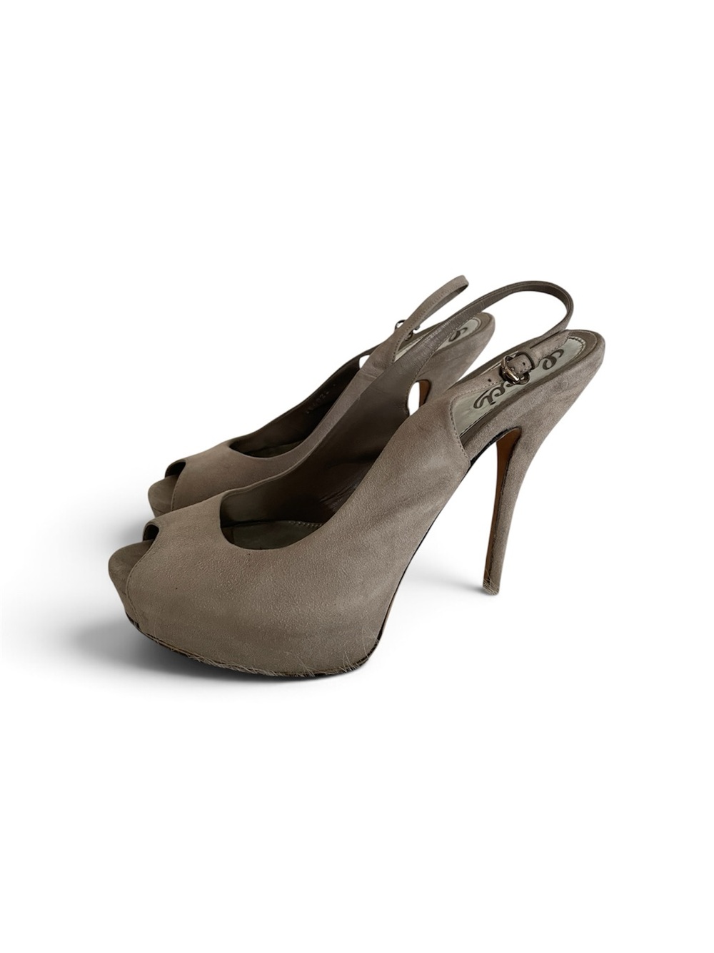 Gucci Sofia Suede Peep Open Toe Slingback Heels Gray 38 Eu